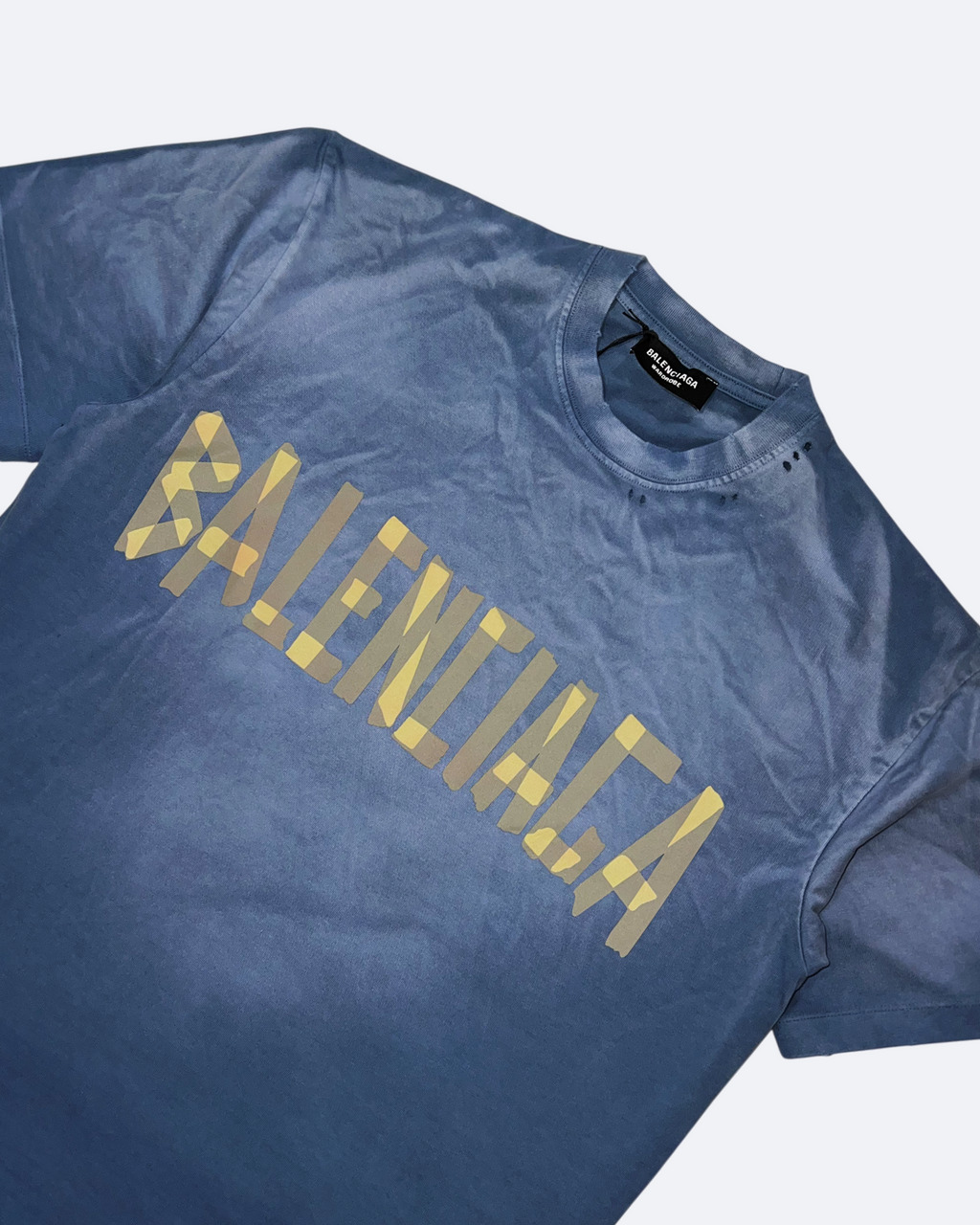 Balenciaga - Yellow Tape Distressed T-Shirt - Washed Blue