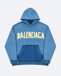 Balenciaga - Yellow Tape Logo Distressed Hoodie - Blue